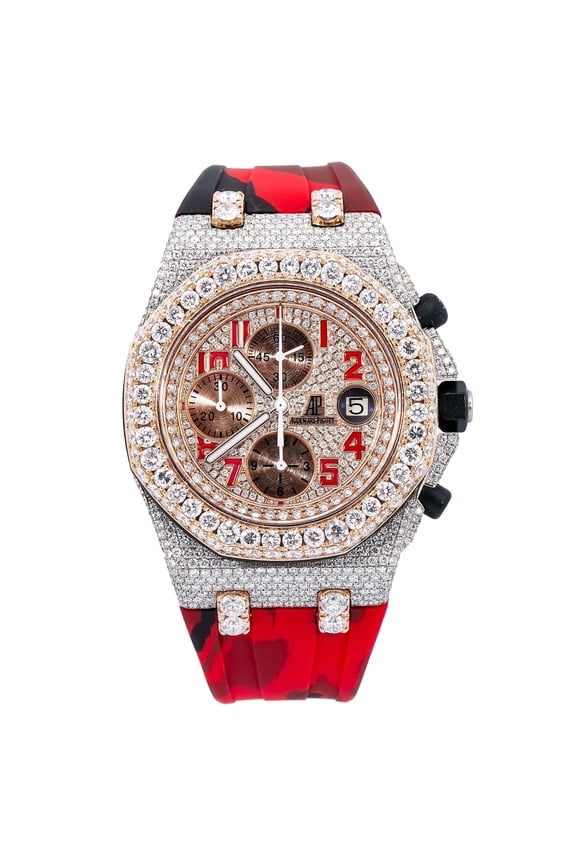 Pre-Owned Audemars Piguet Royal Oak Offshore Chronograph 42MM 26170ST Diamond Paved Arabic Dial Diamond Bezel Red Camo Rubber Band 17.25ct