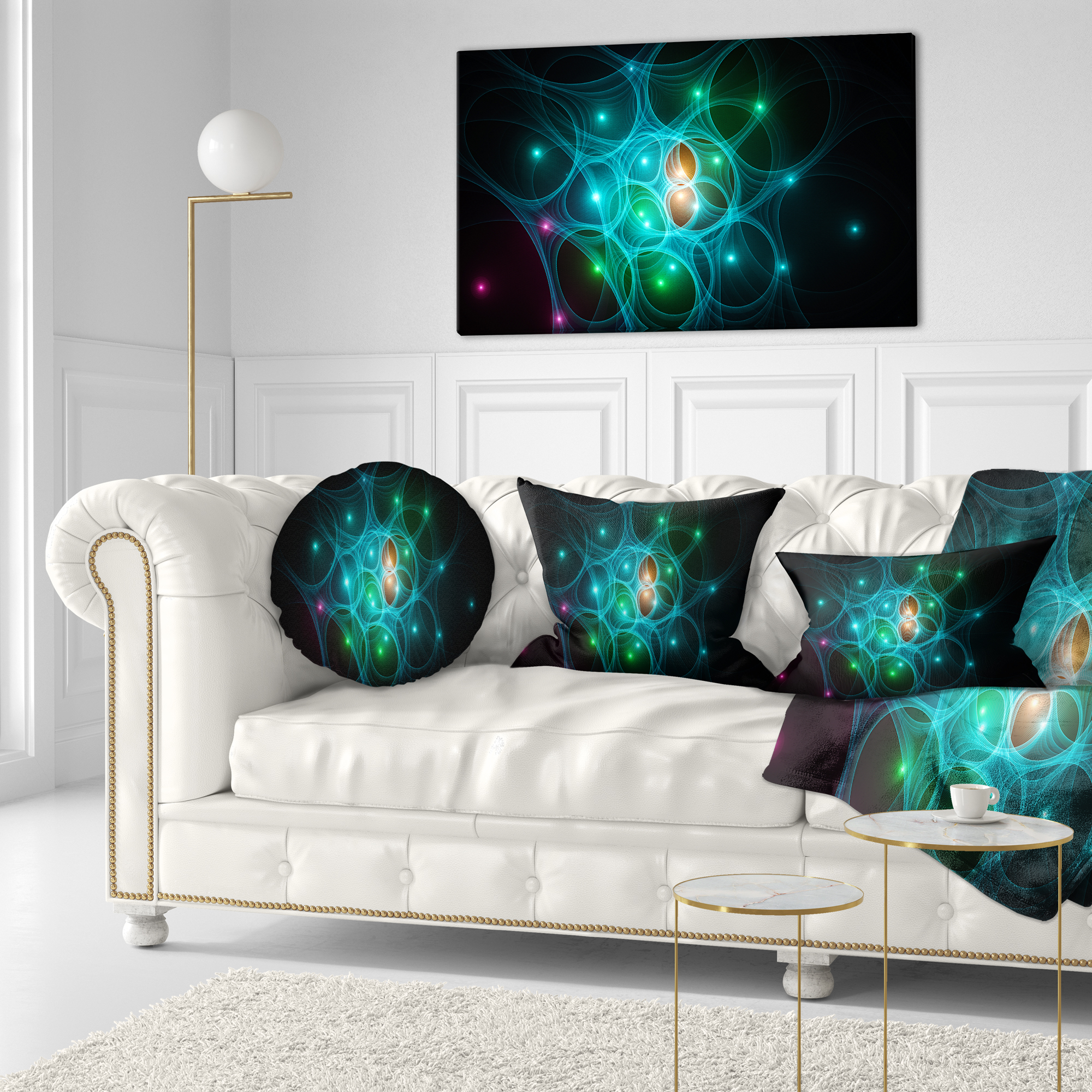 Designart Light Blue Fractal Space Circles - Abstract Throw Pillow - 12x20