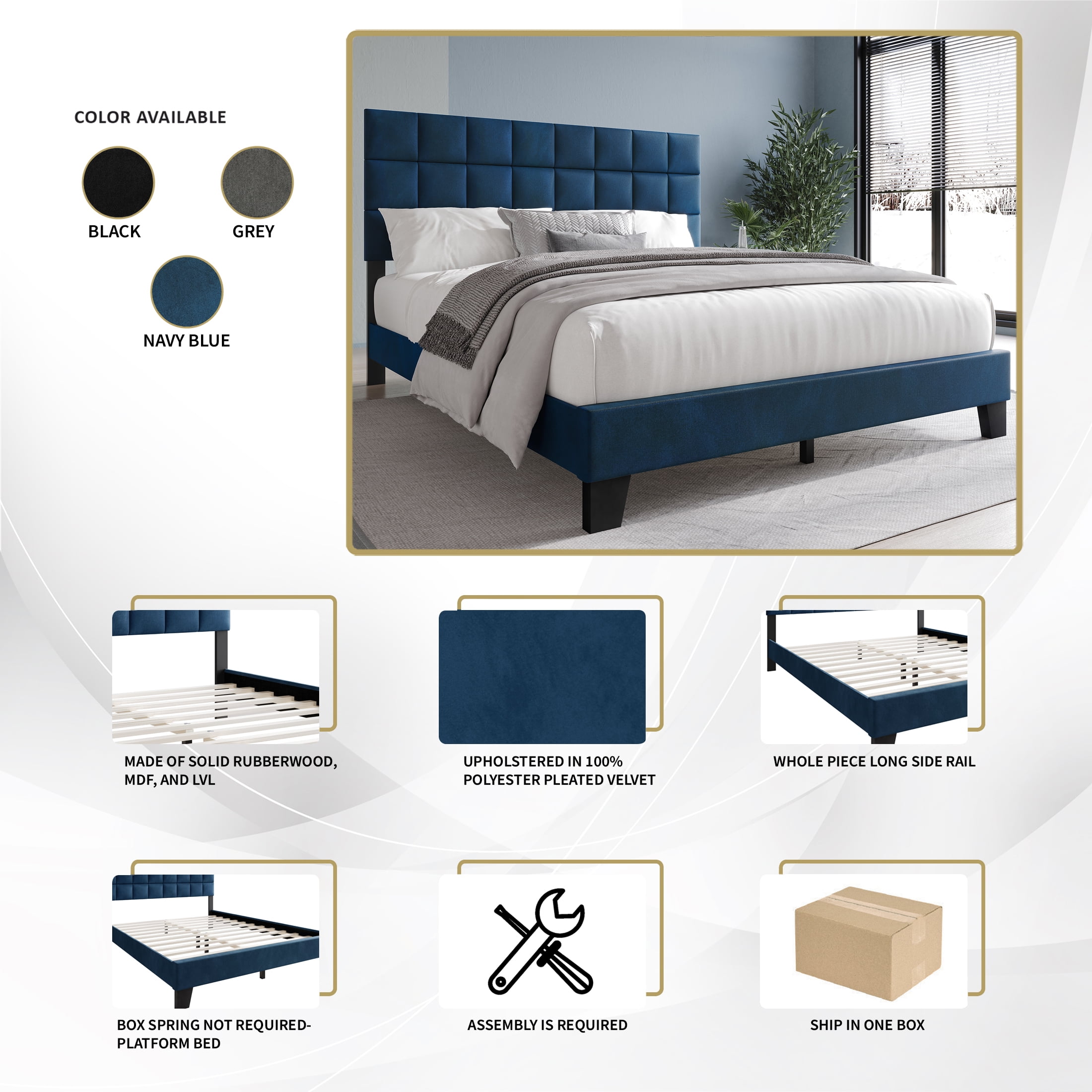Castle Place Elegant Velvet Upholstered King Platform Bed, Black