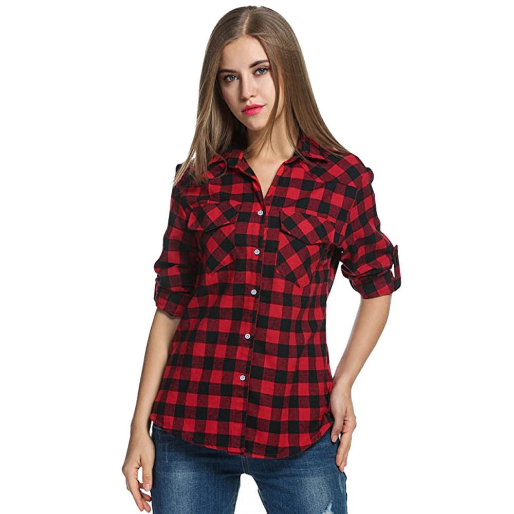 Womens Tartan Plaid Flannel Shirts Roll 