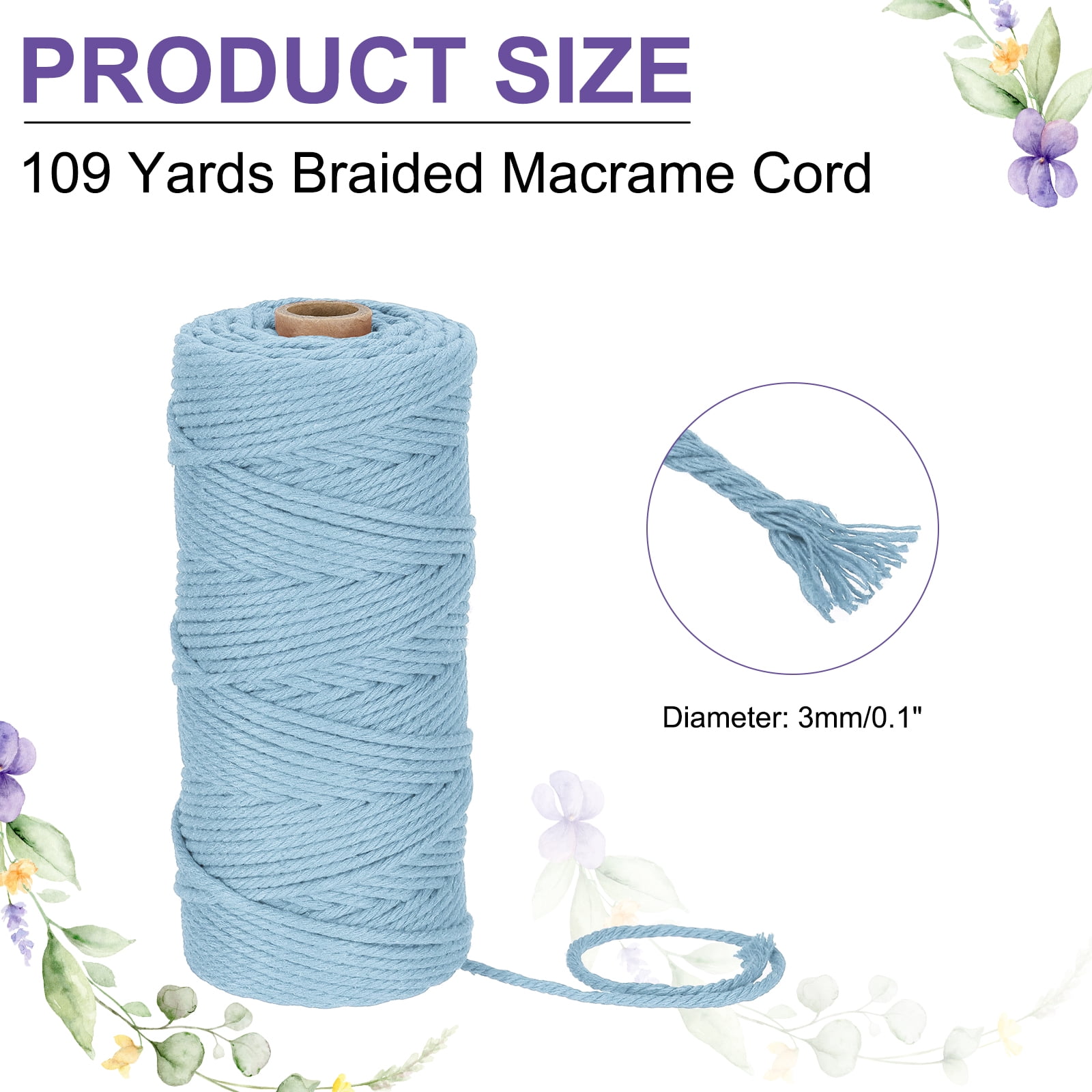 Braided Macrame Cord, 3mm x 109 Yards Natural Cotton Rope Macrame Yarn Bohemia Craft String with Scissors(Light Blue)