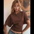 thumbnail image 3 of T-shirts pour Femmes à Col Rond, Taille Resserrée, T-Shirt Décontracté à Manches Courtes, Hauts d'Entraînement, Couleur Unie, T-Shirts Basiques, Brun, TG, 3 of 5