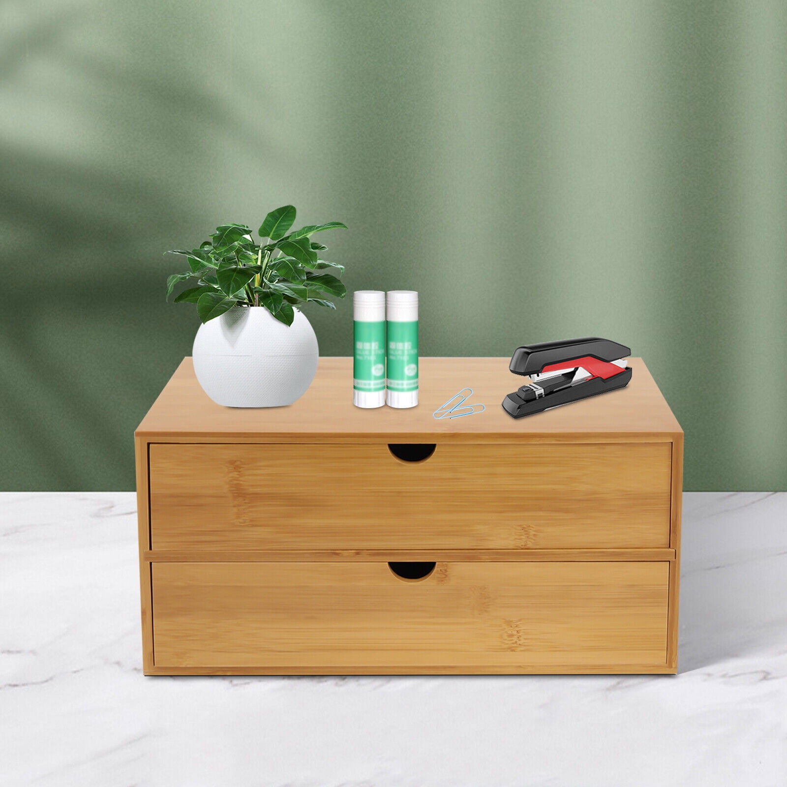 Bamboo Desk Organizer with 2 Drawers, Desktop Office Bamboo Organizer 2 Drawers Shelf for Storage,12.99*7.48*6.3in