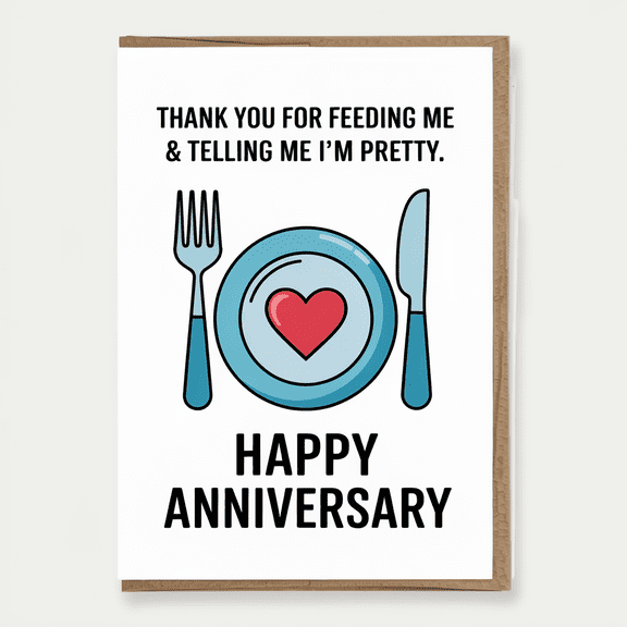 Funny Anniversary Greeting Card - Thank You for Feeding Me and Telling Me I’m Pretty - Blank Inside with Envelope