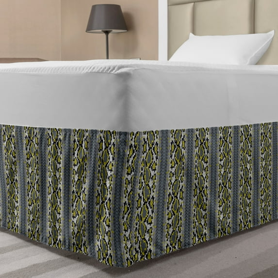 Snakeskin Print Bed Skirt, Vibrant Contrast Tones Vertical Motif, Elastic Bedskirt Dust Ruffle Wrap Around for Bedding Decor, 4 Sizes, Purpleblue Earth Yellow, by Ambesonne