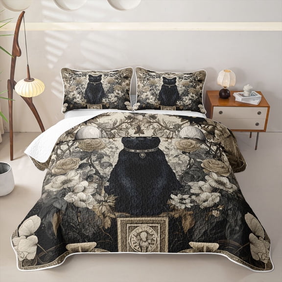 Homewish Skull Black Cat Twin Quilt Set,Vintage Flowers Twin Coverlet Set,Cream Black,Halloween Duvet,2pcs