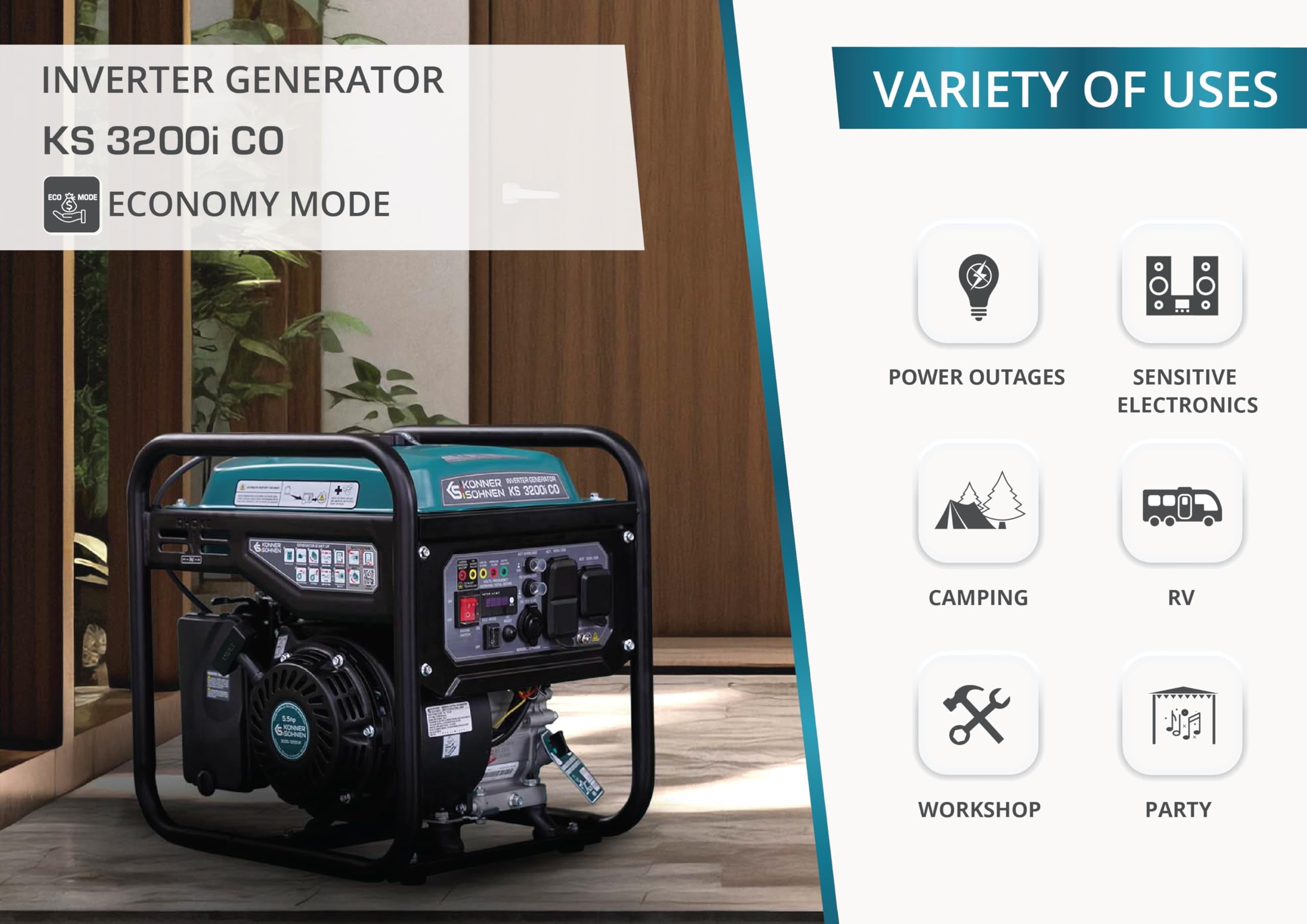 Konner & Sohnen Gasoline Inverter Generator 3200 Watts with CO Sensor and Fuel-Efficient Technology Open Frame Recoil Start for Home Backup Camping