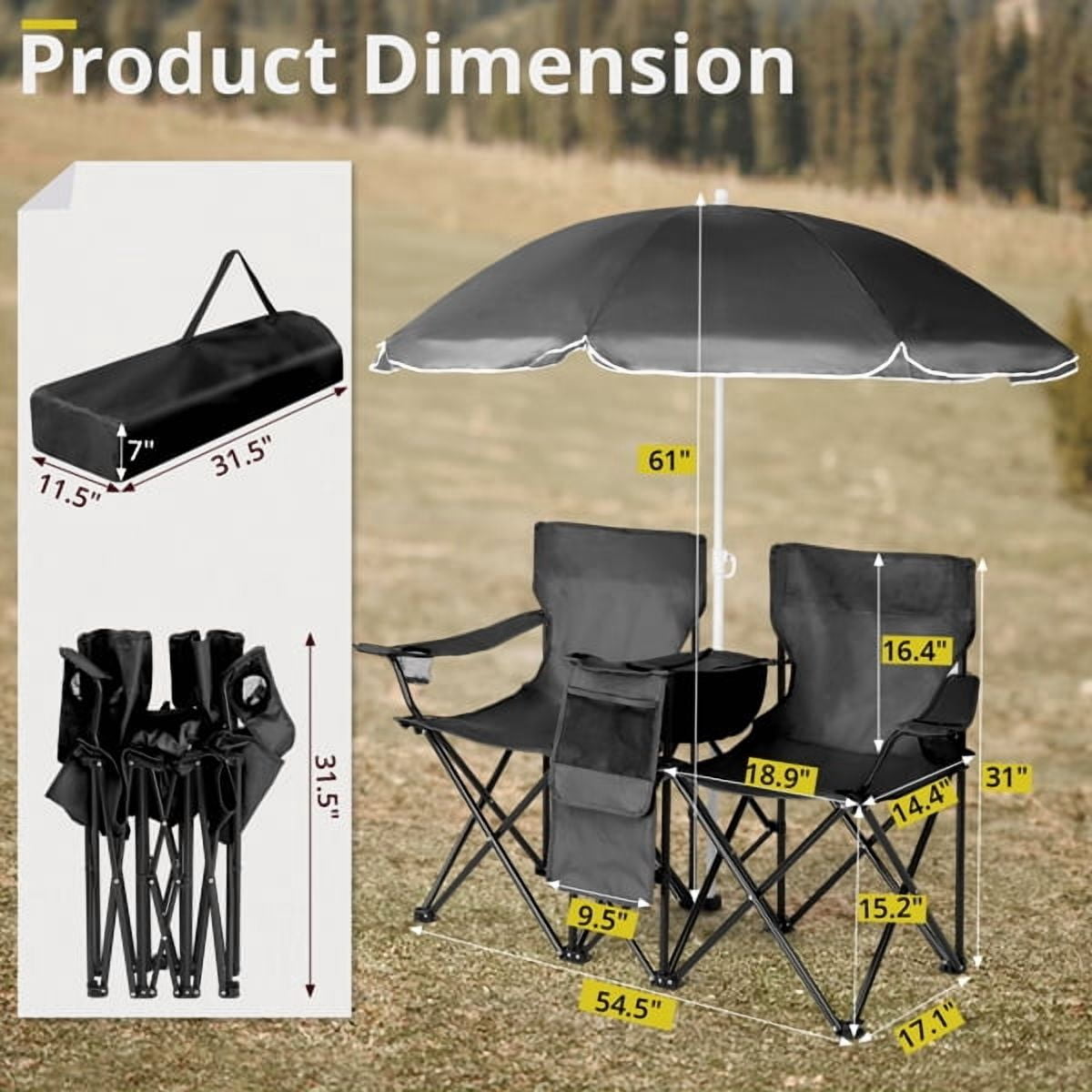 Alvantor 2-Seat Outdoor Folding Chair with Removable Umbrella for Beach, Camping and Fishing, Black