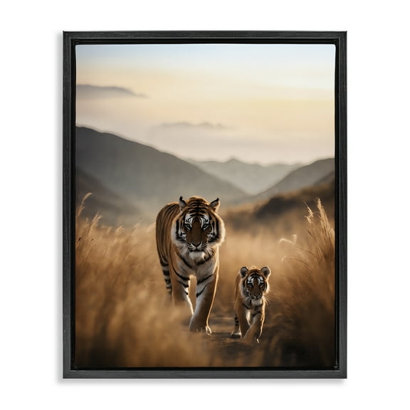 Stupell Industries Tiger & Cub on Savanna Animals Painting Black Floater Framed Canvas Art Print Wall Art, 17 x 21