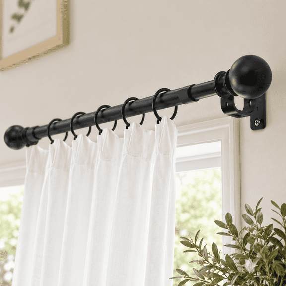 Himonut Adjustable Curtain Rod for Windows, 28–144 inch, 1 in Diameter Matte Black Metal Drapery Rod with Ball Finials and Wall Mount Brackets