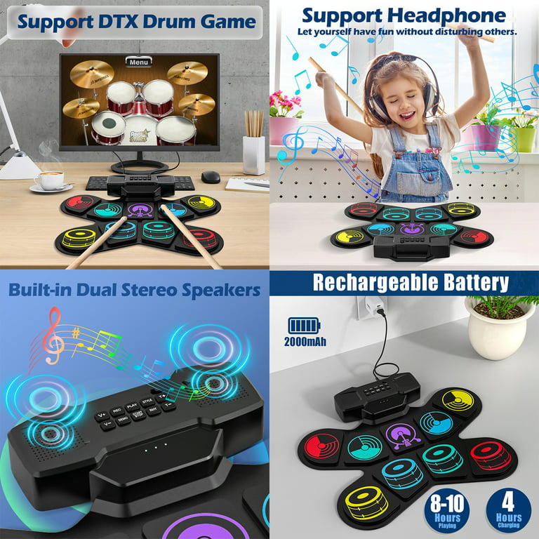 SULOBOM Electric Drum Set for Kids Adult, Portable Electronic Drum Kit,  Roll-Up Electric Drum Pad, Tabletop Drum Set with Bluetooth, Built-in Dual