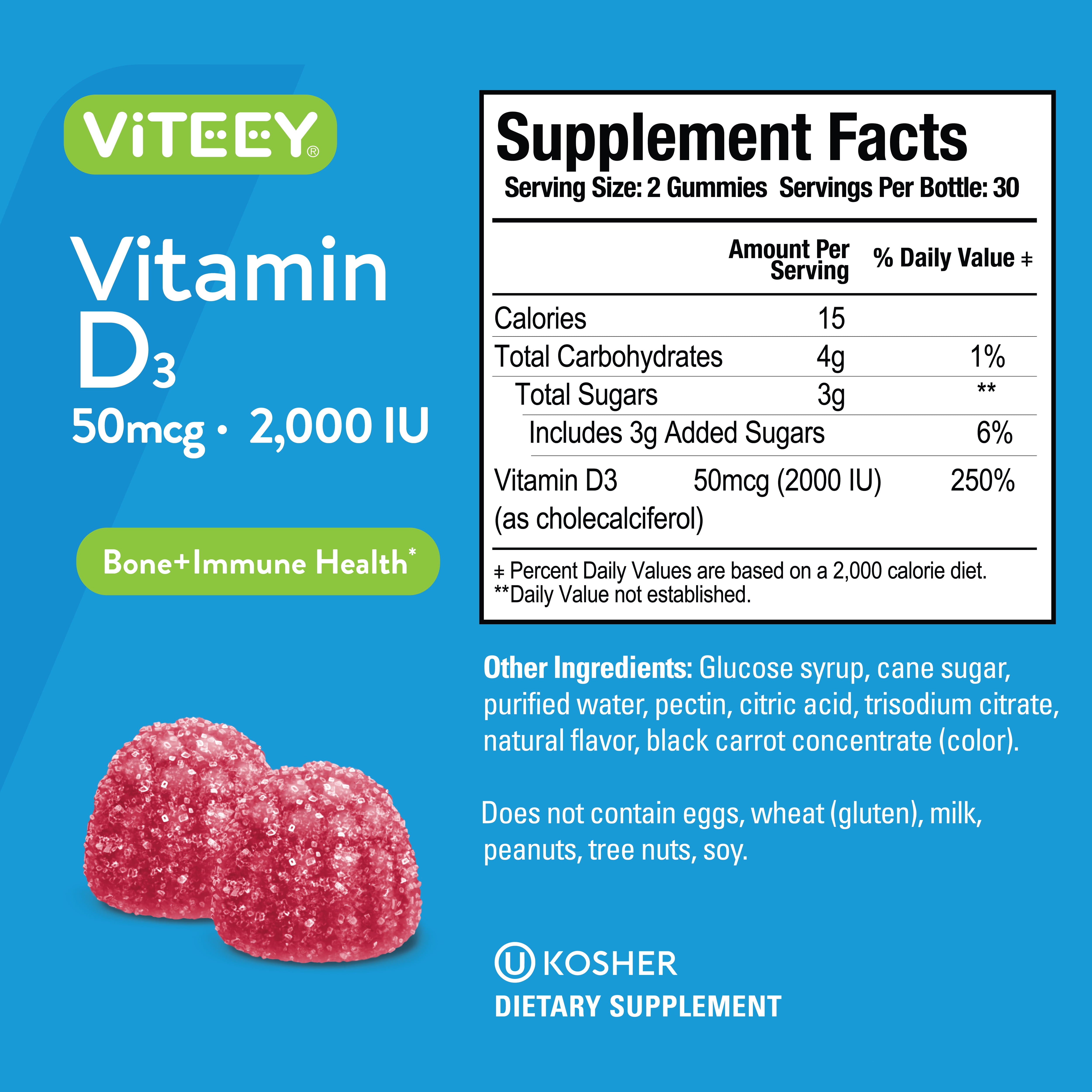 VITEEY Vitamin D3 Gummies 2000 IU,  Bone and Immune Support, Berry Flavor, 60 Count, 2 Pack