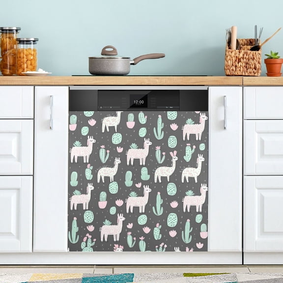 Yayeee Magnetic Dishwasher Cover for The Front Decoration Home Kitchen Machine Sticker Protector, Cute Llamas Pattern