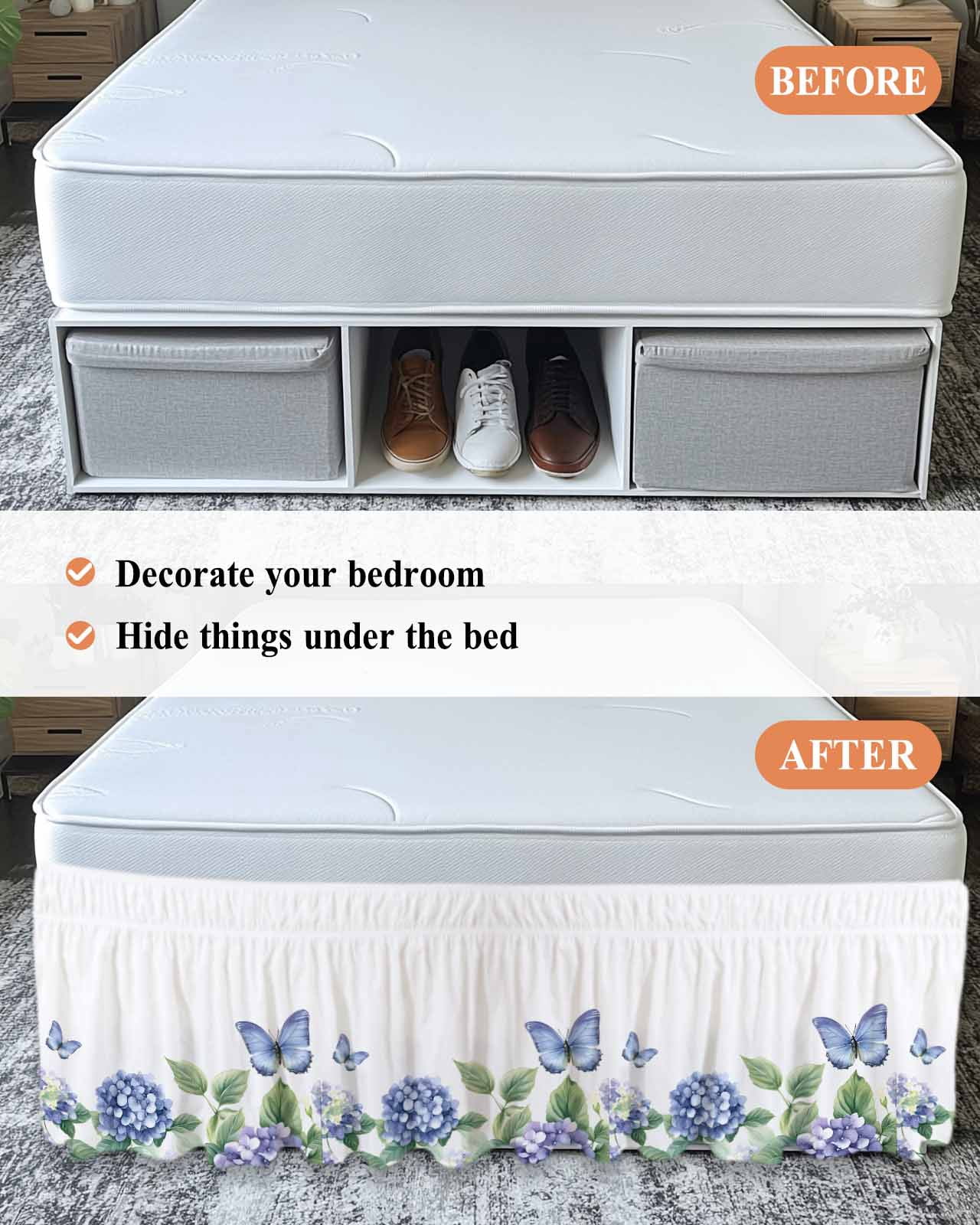 Flower Butterfly Wrap Around Bed Skirts for King Bed 18" Drop, Bed Skirt with Adjustable Elastic Belt Dust Ruffle Bed Valance for Bedroom Hotel Luxury Blue Purple Watercolor Wilflower Bed Frame Cover