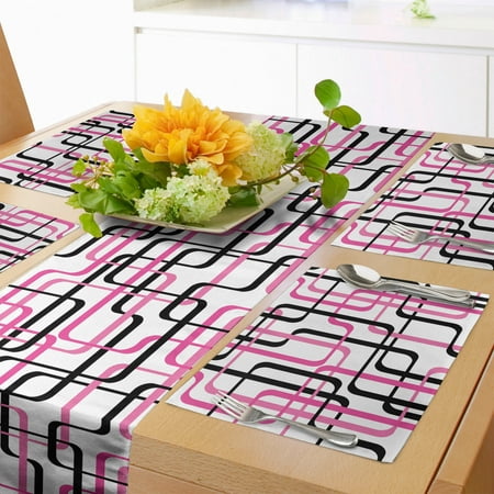 

Geometric Table Runner & Placemats Sixties Inspired Wavy Lines Vibrant Image Curved Stripes Funky Pattern Set for Dining Table Placemat 4 pcs + Runner 16 x90 Hot Pink White Black by Ambesonne