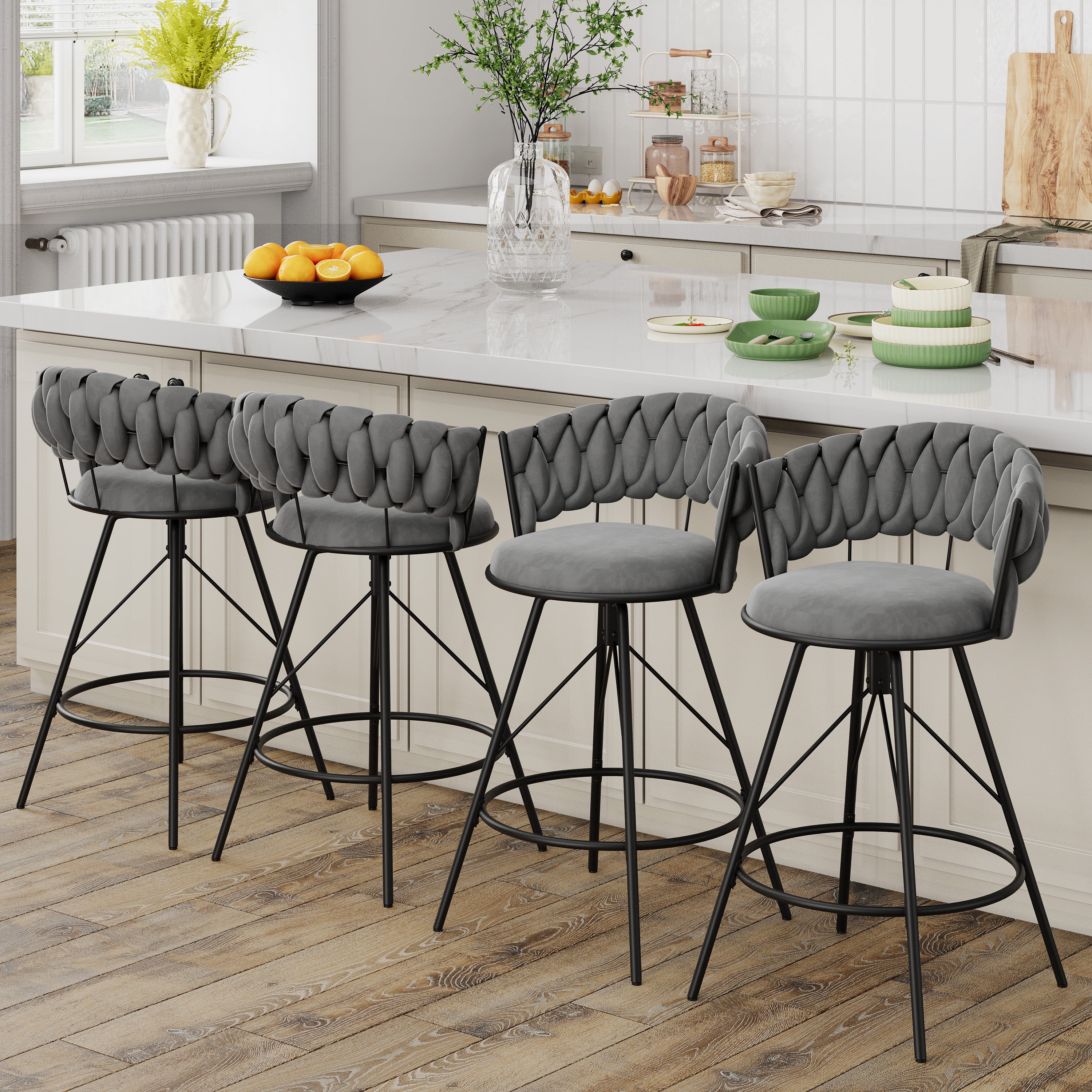 Andeworld 26'' Bar Stools with Woven Back set of 2, Modern Velvet Barstools with Upholstered Seating, Counter Height Barstool in Round Footrest, Gray