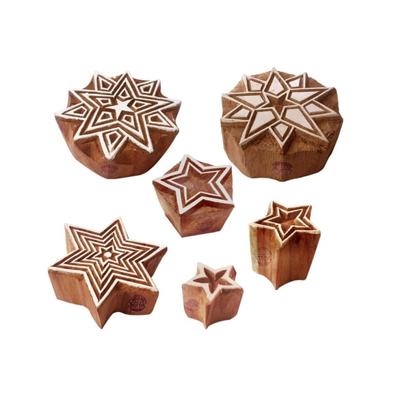 Royal Kraft Decorative Print Stamps Star Round Shape Wooden Blocks (Set of 6)