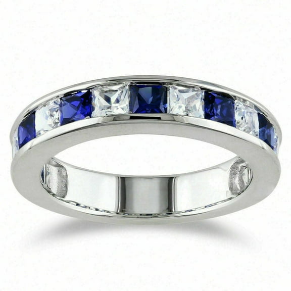 Princess Sapphire Simulated Eternity Wedding Band Ring 14K White Gold Finish