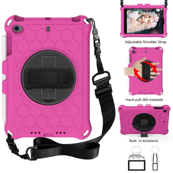 iPad mini 5 / iPad mini 4 / iPad mini 3 / iPad mini 2 / iPad mini Case 7.9 inch, Kids Shockproof Children Toddler Protective Case with Handheld Strap Kickstand Cover - Rose