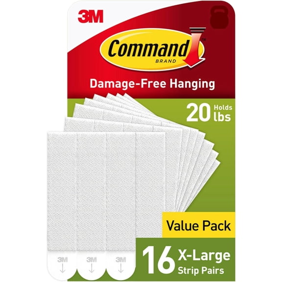 Command 20 lb XL 16 Pairs Heavyweight Picture Hanging Strips (32 Strips), Damage-Free Hangers for Frames, No Tools Required, Ideal Home Room Wall Decor, White Adhesive