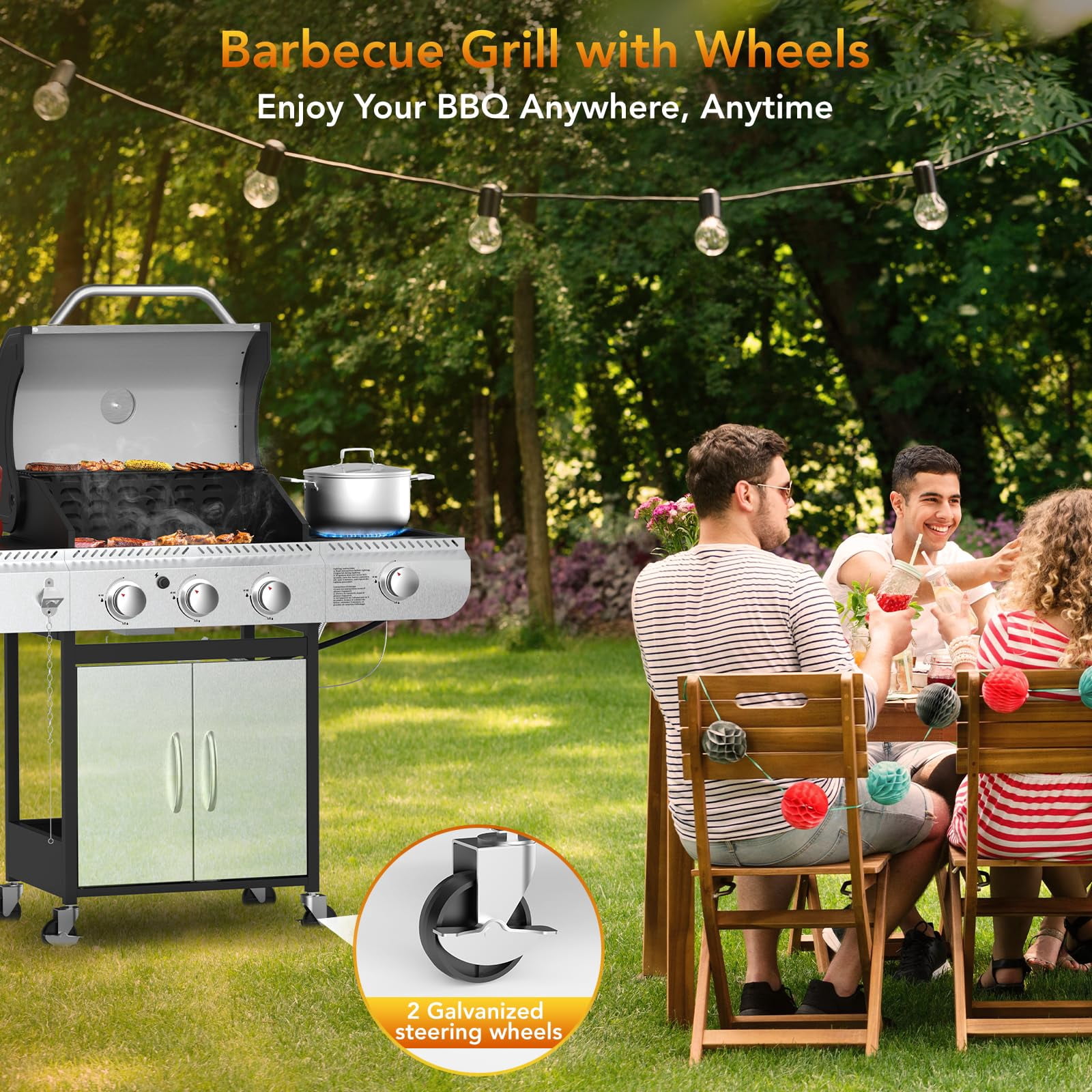 4-Burner Propane Gas BBQ Grill with Side Burner, 37,000 BTU Stainless Steel Construction with Porcelain-Enameled Grates for Outdoor Cooking, Camping, and Patio Backyard