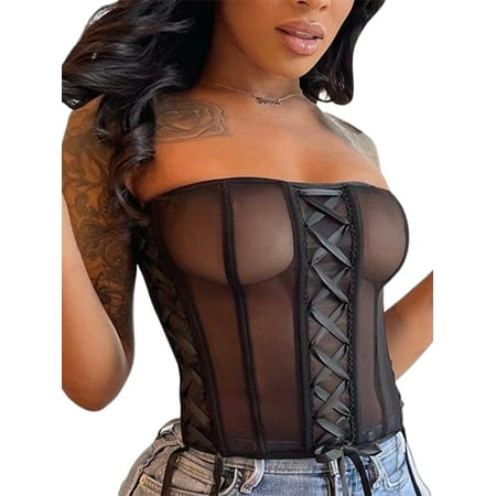 

Women s Bustier Corset Top Sexy Mesh See-Through Tummy Control Zipper Bustiers with Ruffle Hem (S S-Brown)