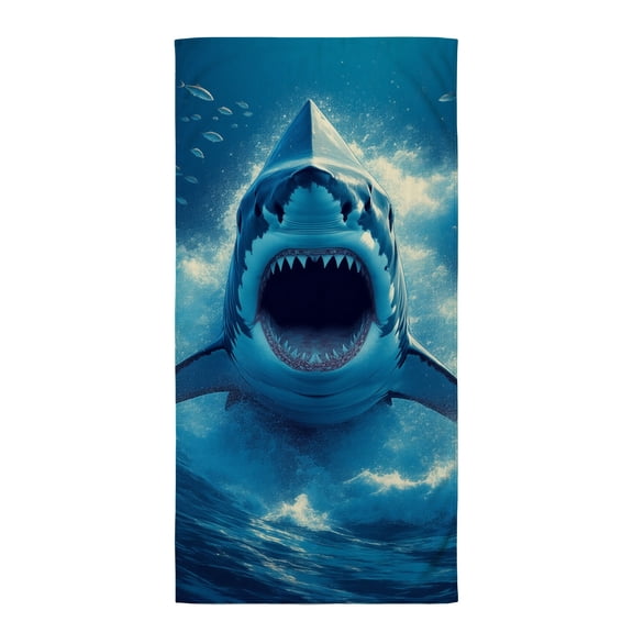 Shark beach towel A shark with its mouth open in the ocean. soft beach towel 32x71 beach towels microfiber beach must have