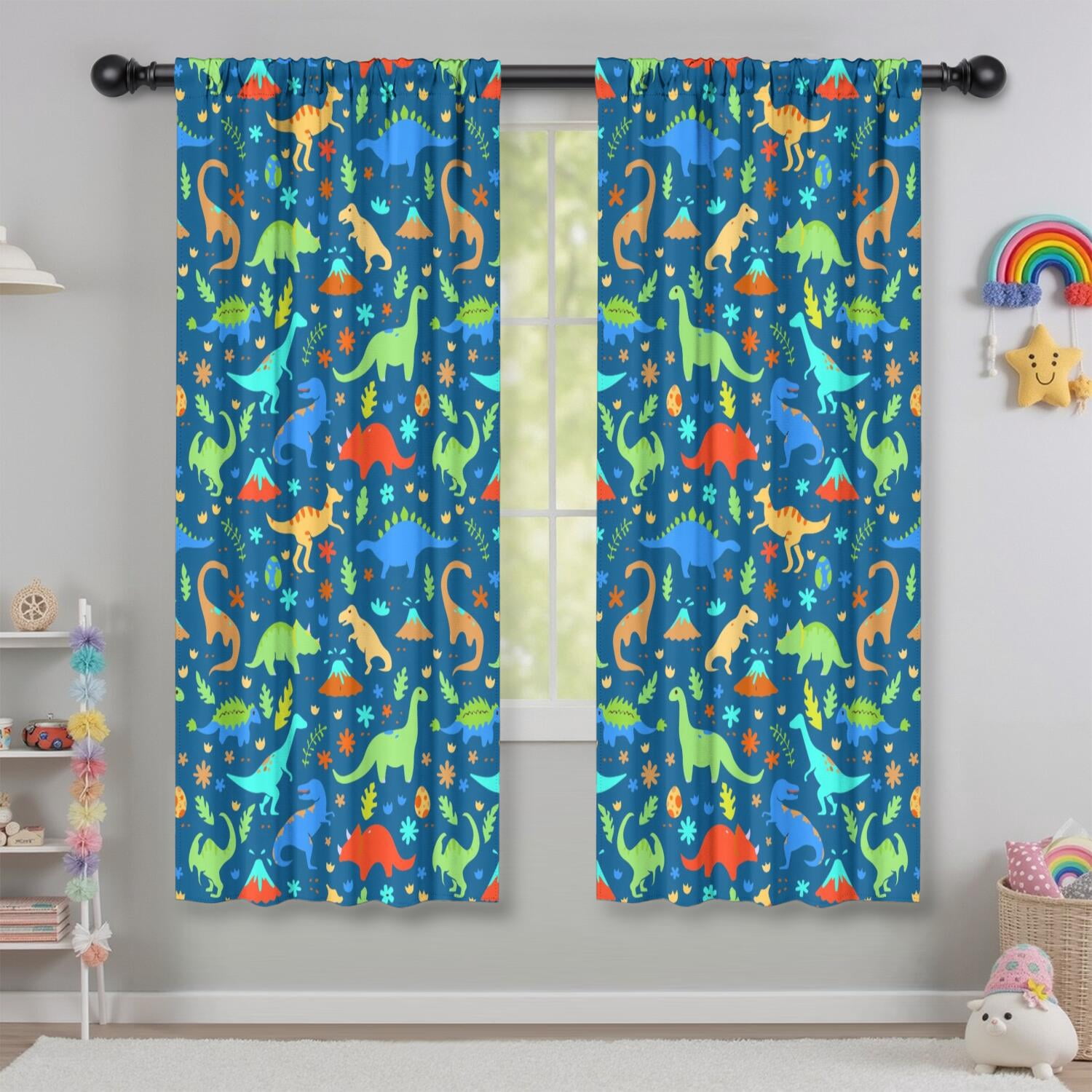Funny Window Curtains for Kids Room - 42Wx63H Inch 2 Panels, Rod Pocket Colorful Cartoon Dinosaur Patterns for Boys Bedroom Decor Preschool Classroom Curtains Playroom Living Room Window Drapes