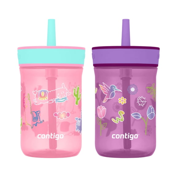 Contigo Kids Leighton Spill-Proof Tumbler with Straw, Ages 3 , Pink and Purple, 14 oz, 2 Pack