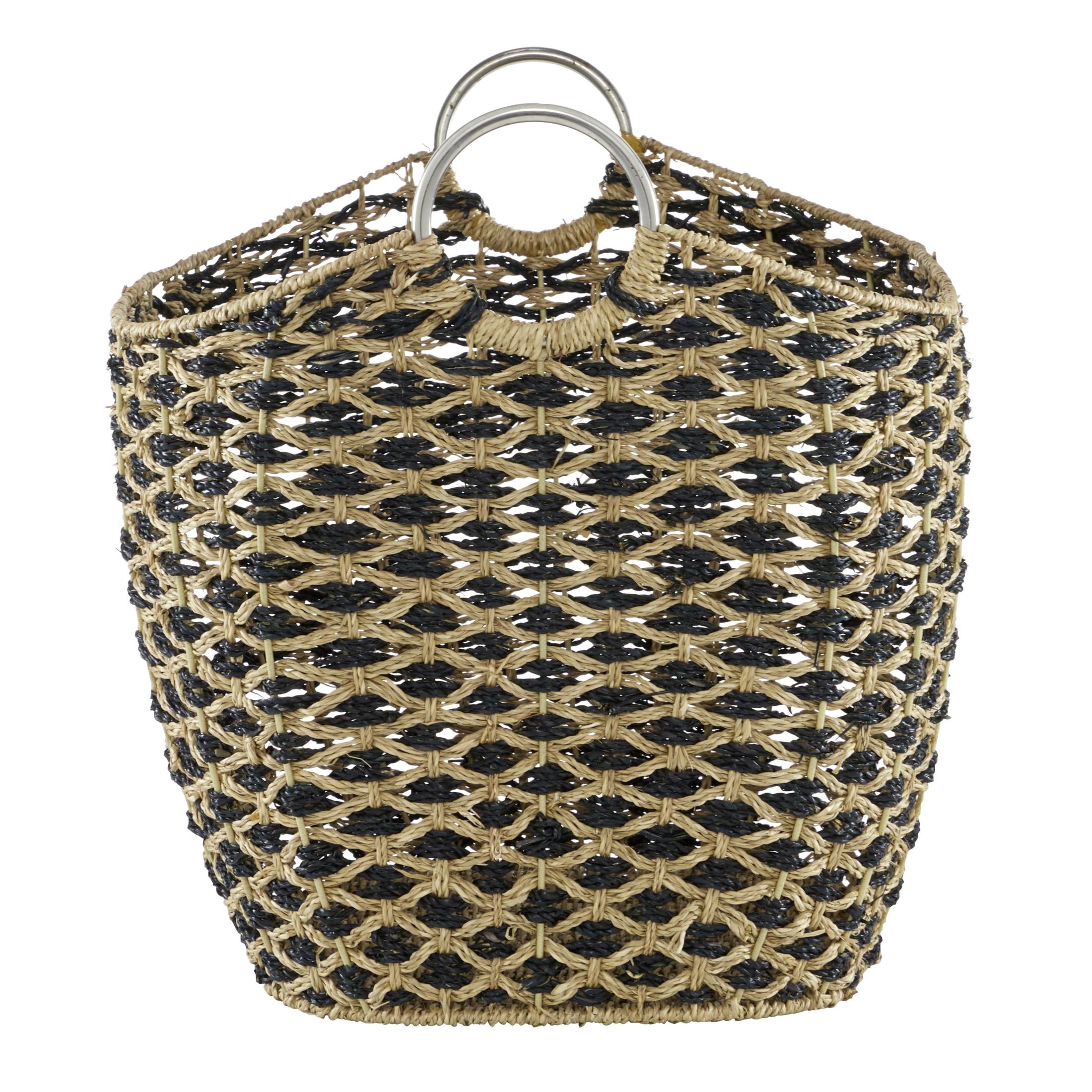 DecMode 21" x 21" Brown Seagrass Handmade Storage Basket with Metal Handles, 1-Piece
