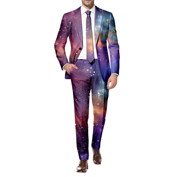 Galaxy And Cosmic Print Formal Fashionable Two Piece Business Attire With Stylish Jacket And Trousers Men'S Suits Purple M