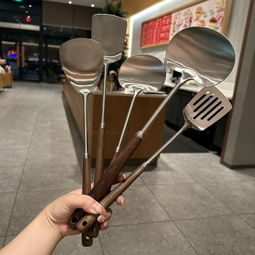High appearance level 304 stainless steel walnut wood spatula, household apple soup spoon, kitchen stir-frying spatula, long-handled anti-scalding cooking spatula