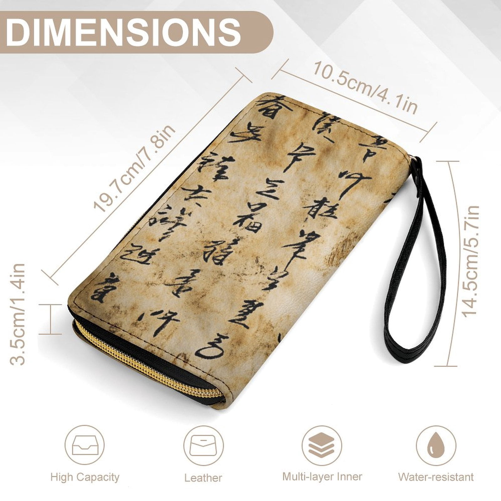 Womens Wallet Bifold Ladies Cluth Bag Wristlet Wrist Strap Long Purse Chinese Word Design