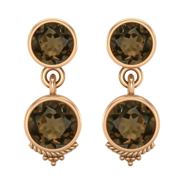 Boucle d'Oreille Pendante pour Femme en Quartz Fumé Rond 6 mm en Argent Sterling 925 Vermeil Rose, Bijou Bohème