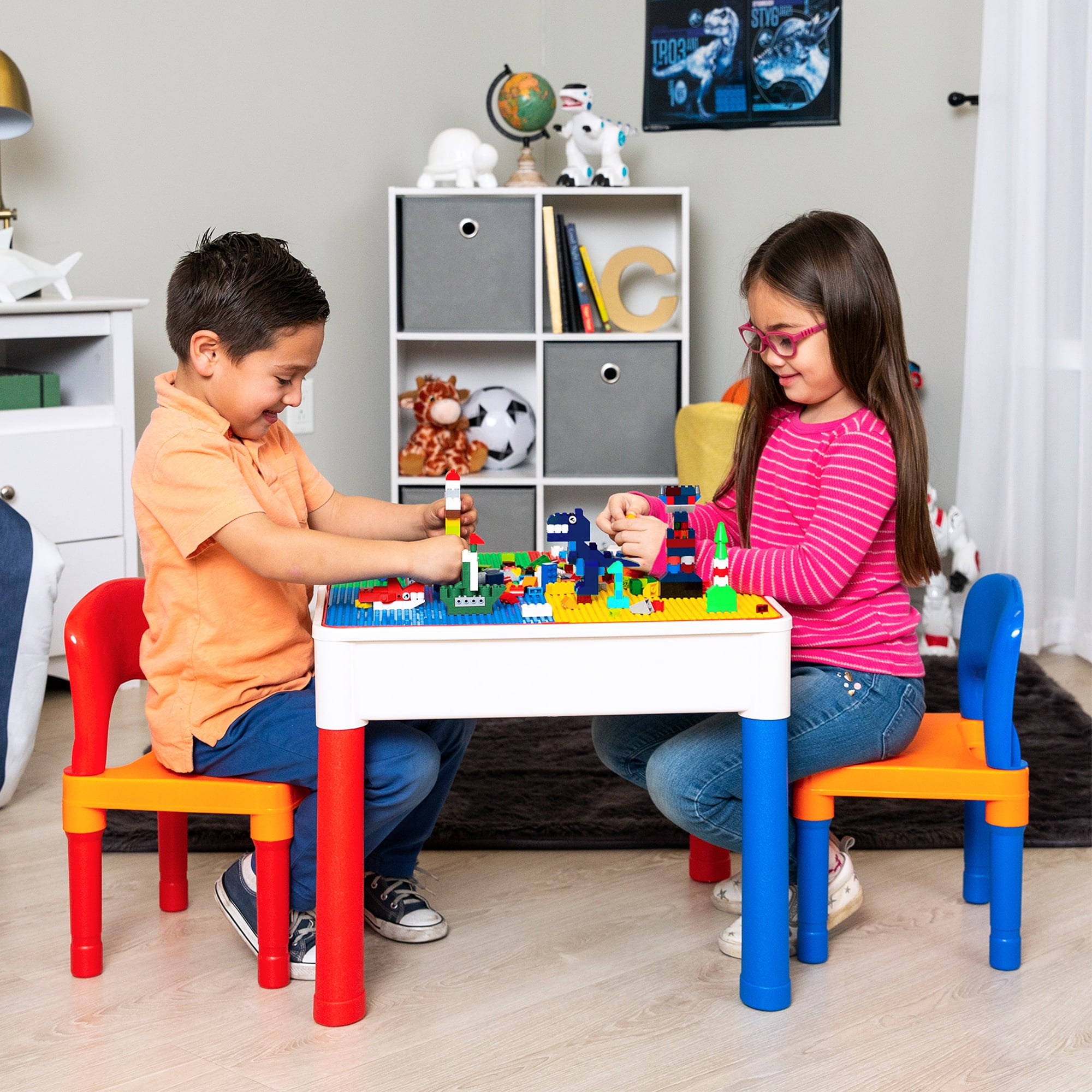 7 in 1 Multi Kids Activity Table Set with Classic Blocks and Slides Water Table Sand Table Dining Table Study Table Storage Table Building Blocks Table with 4 Storage Boxes 2 chair +250 Pcs Blocks