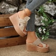 thumbnail image 3 of Rokment Women's Platform Wedge Flip Flops Delicate-Bee Bowknot Fashion Casual Suede Extra Chunky High Heels Slip on Backless Dress Sandals Comfortable Walking Slides Summer Shoes Beige Size 6, 3 of 6