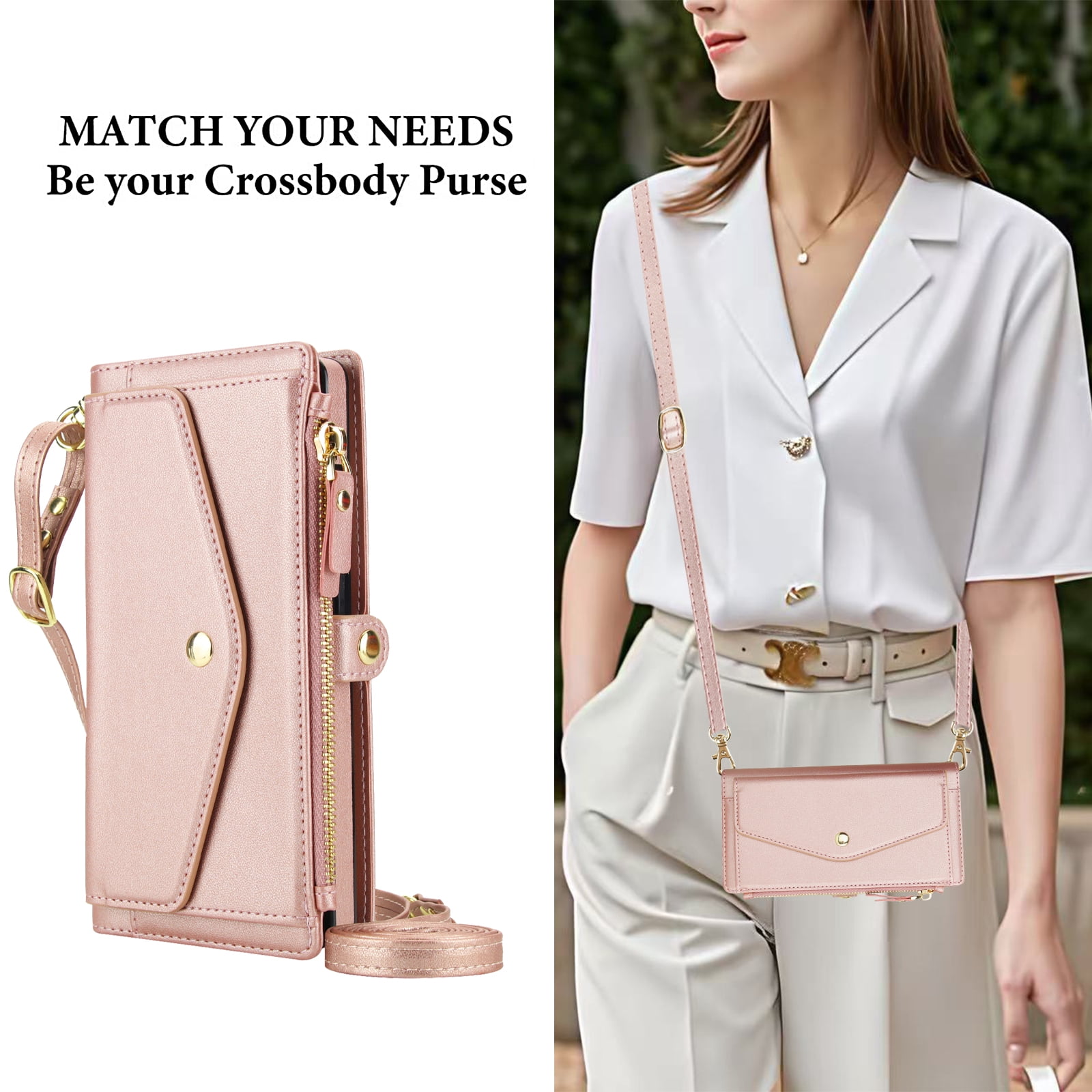 Designed for Samsung Galaxy S25 Ultra Multi-Function Wallet Phone Case,With Shoulder Strap&Wrist Strap,Cash Pocket&Card Slots,Zipper Purse,Magnetic Detachable PU Leather Flip Phone Case,Rosegold