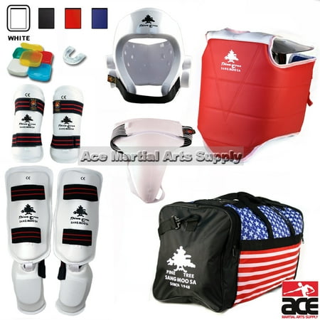 Sparring Gear Karate Pine Tree Complete Vinyl Martial Arts Sparring Gear Set with Bag, Shin Insteps, & Groin, Small White Headgear, Child Small Other Gears Male ()