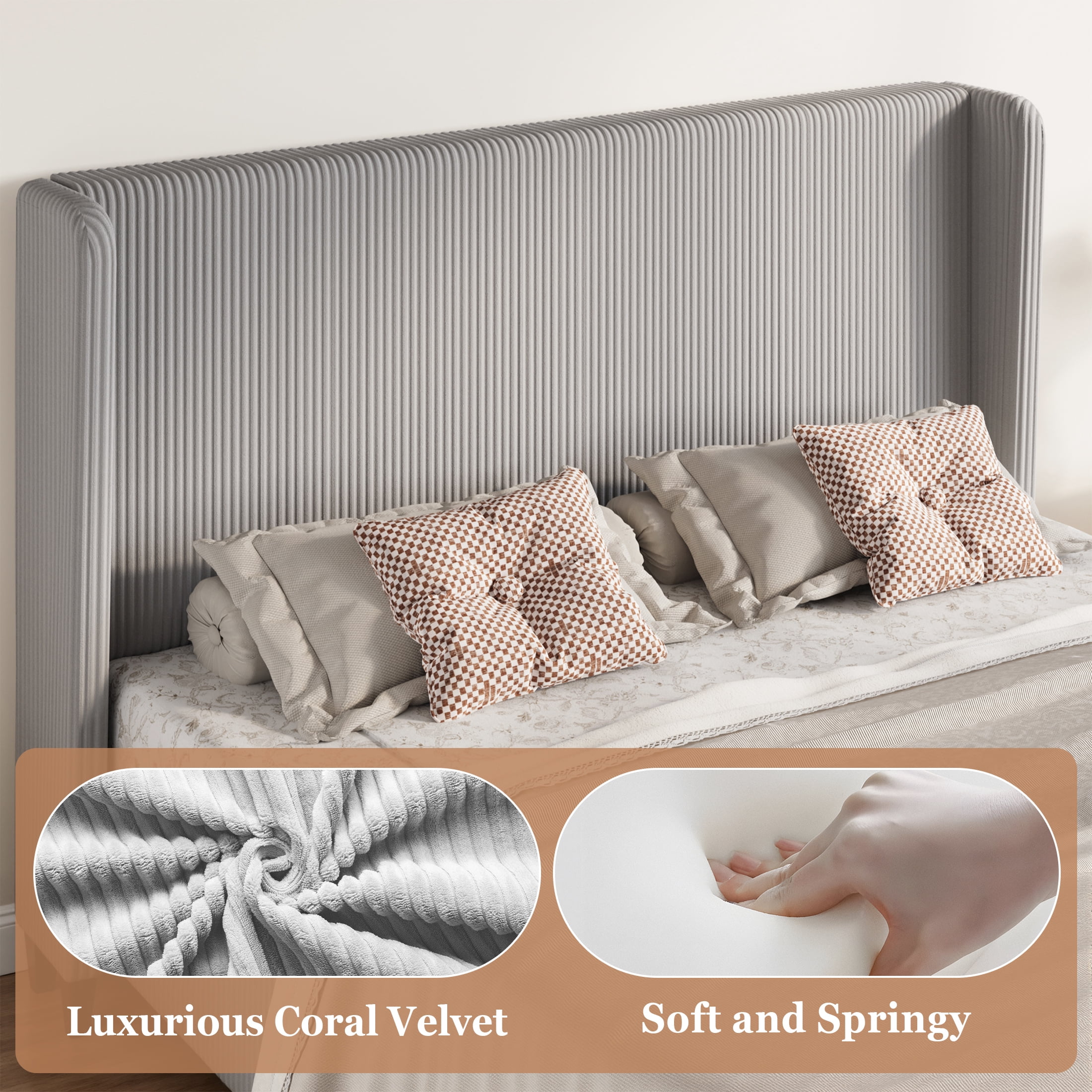 Amolife King Size Platform Bed Frame with Velvet Upholstered Wingback Headboard, Light Gray