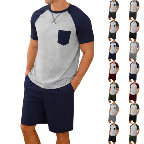 Xcmzpl Mens Pajama Set Summer 2 Piece Loungewear Raglan Short Sleeve Pjs Sleepwear Color Block Baggy Shorts Soft Comfy Nightwear