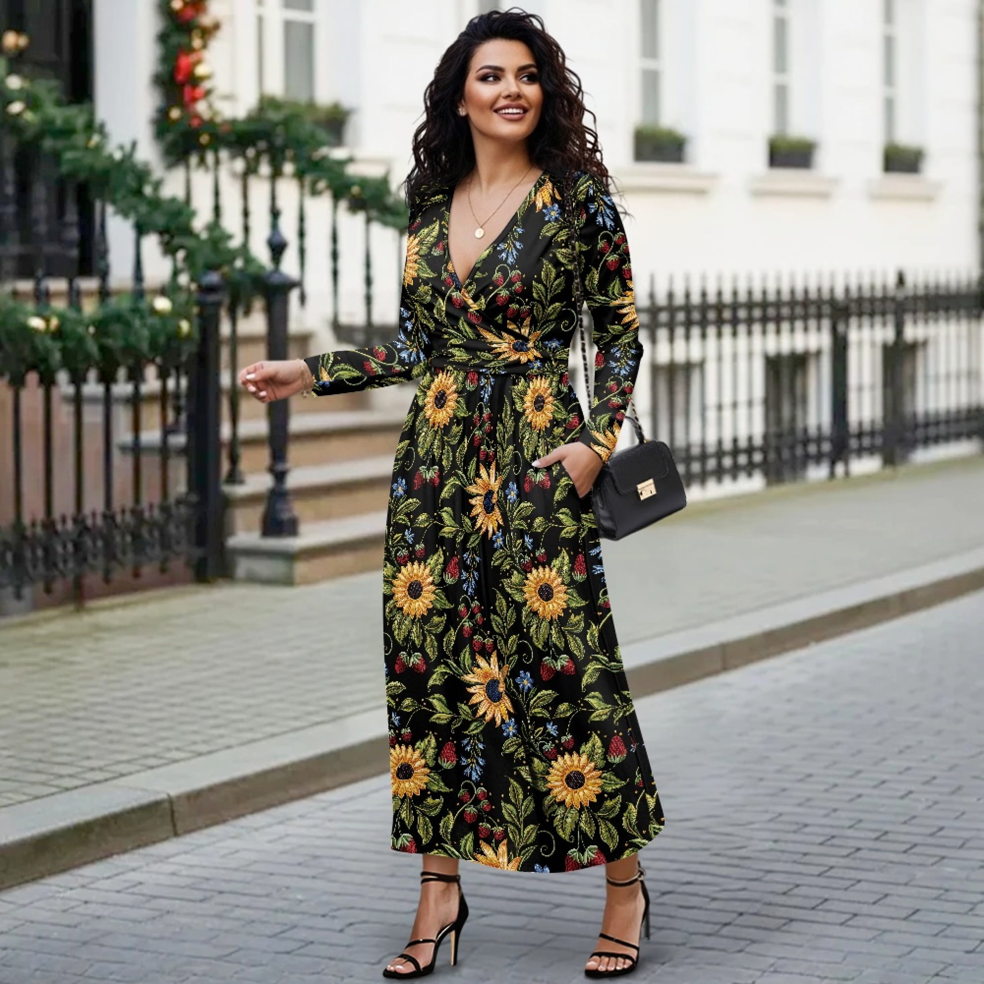 Sunflower-Printed Midi Dress brandy rose Sunflower-Printed Midi
