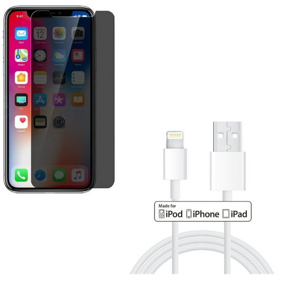 iPhone XS/X - Tempered Glass Privacy Screen Protector w 3ft MFi USB Cable - Curved Anti-Spy Anti-Peep 3D Edge Case Friendly, Certified Charger Cord Power Wire Fast Charge Sync