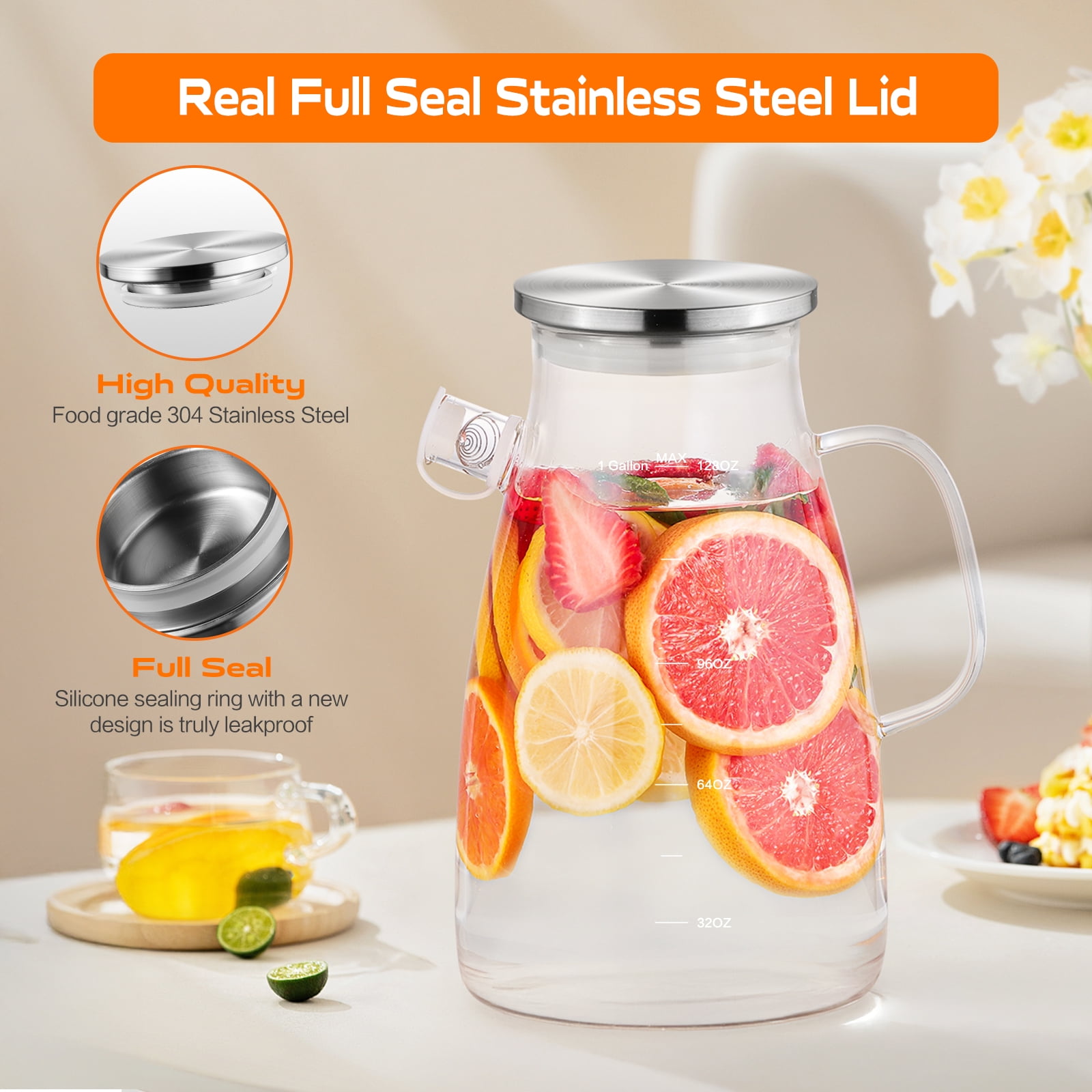 1 Gallon 128oz Glass Pitcher, Water Pitcher with Full Seal Lid and Spout, Glass Carafe for Hot/Cold Water, Large Jug for Juice and Homemade Beverage