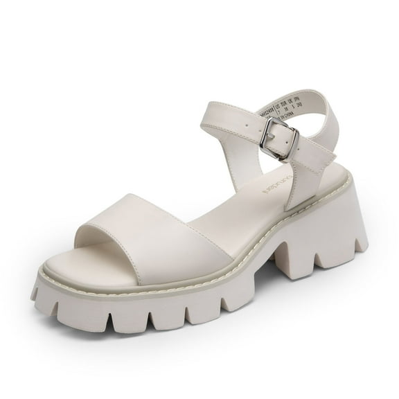 BURUDANI Women's Low Platform Chunky Block Ankle Strap Heel Sandals Open Toe BEIGE-PU Size 8.5