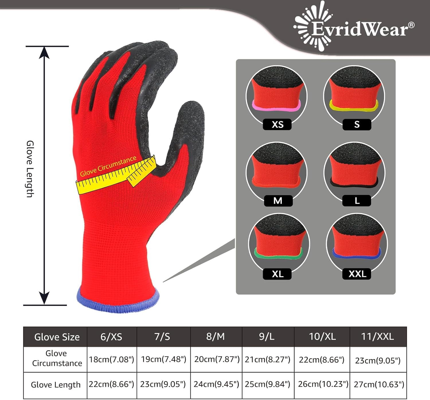 EvridWear 12 Pairs Red Latex Rubber Coated Safety Work Gloves Men Women Construction Warehouse Gardening (S), HPPE