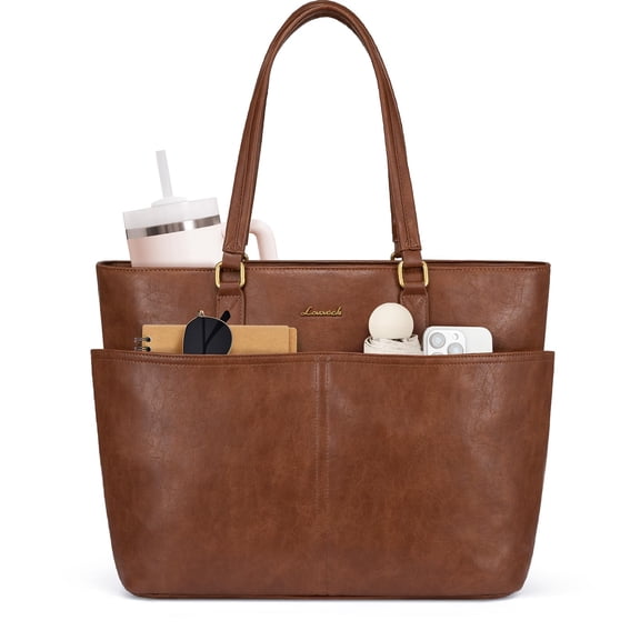 LOVEVOOK 15.6 Inch Laptop Bag for Women, Vintage Leather Work Tote Bags with Large Cup Holder, Teacher Nurse Medical Professional Computer Bag, Office Briefcase Handbag Gift