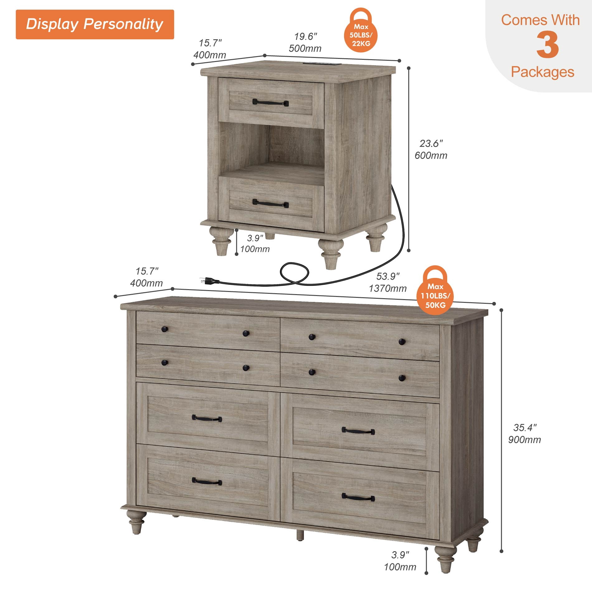 3 Piece Dresser and Nightstand Sets, Farmhouse Dresser with 8 Drawers, Set of 2 Night Stands with Drawer & Shelf, 3 Piece Bedroom Set, Grey