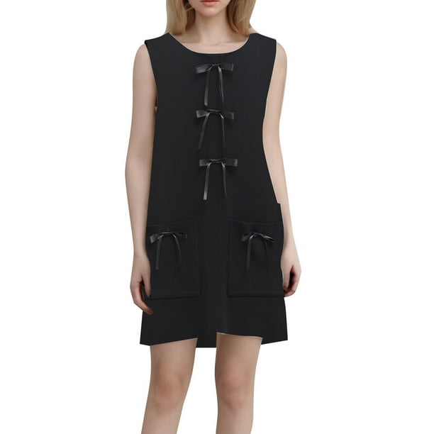 Vestido mini sin mangas de verano para mujer: cuello redondo con lazo, camiseta holgada de punto con bolsillos, mezcla de poliéster, tallas S-L.