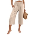 thumbnail image 2 of 2026 Summer Women Casual Wide Leg Capri Pants Elastic High Waist Cotton Linen Lounge Cropped Pants Lightweight Breathable Khaki L, 2 of 4