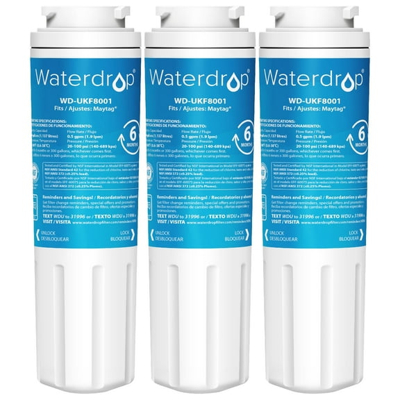 Waterdrop UKF8001 Refrigerator Water Filter, Compatible with Maytag UKF8001AXX-750, UKF8001AXX-200, Whirlpool 4396395, 469006, Filter 4, PUR, Puriclean II, EDR4RXD1, Pack of 3